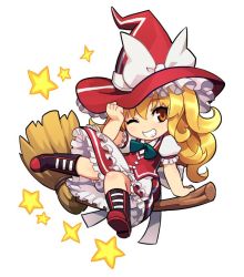 Rule 34 | 1girl, ;), adjusting clothes, adjusting headwear, alternate color, apron, bare arms, blonde hair, bloomers, boots, bow, bowtie, broom, broom riding, buttons, chibi, chingisu, full body, green bow, green bowtie, grin, hat, hat bow, kirisame marisa, long hair, one eye closed, orange eyes, puffy short sleeves, puffy sleeves, red hat, red skirt, red vest, short sleeves, sidesaddle, simple background, skirt, smile, solo, star (symbol), touhou, underwear, vest, waist apron, white apron, white background, white bloomers, white bow, witch hat