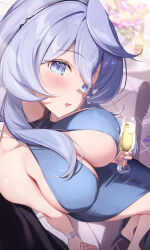 Rule 34 | 1girl, ako (blue archive), ako (dress) (blue archive), alcohol, blue archive, blue dress, blue eyes, blue hair, blush, breasts, champagne, champagne bottle, champagne flute, commentary request, cup, dress, drinking glass, highres, large breasts, looking at viewer, medium hair, official alternate costume, saboten mushi, sideless dress, sideless outfit, sitting, sleeveless, sleeveless dress, solo, thighs