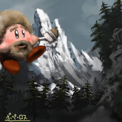 Rule 34 | 1boy, afro, bad id, beard, blush stickers, bob ross, check translation, commentary request, copy ability, creature, facial hair, goatee, kirby, kirby (series), koki (ryoushikiha), lowres, mountain, mustache, nintendo, no humans, outdoors, paintbrush, painting (action), parody, snow, solo, the joy of painting, translation request, tree, trim brush