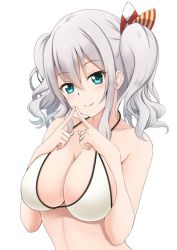 Rule 34 | 1girl, bikini, blue eyes, breasts, cleavage, fingers together, fuuma nagi, index finger raised, index fingers together, kantai collection, kashima (kancolle), large breasts, looking at viewer, sidelocks, silver hair, simple background, smile, solo, swimsuit, tsurime, upper body, wavy hair, white background, white bikini