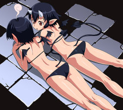Rule 34 | 2girls, ass, back, bad id, bad pixiv id, bikini, black bikini, black hair, blush, demon girl, demon tail, demon wings, embarrassed, from above, horns, kneepits, lying, multiple girls, on stomach, original, pointy ears, red eyes, rohitsuka, shiny skin, short hair, swimsuit, tail, tile floor, tiles, wings, yuri