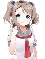 Rule 34 | 10s, 1girl, alternate hairstyle, bad id, bad pixiv id, blue eyes, brown hair, grey hair, twirling hair, head tilt, highres, looking at viewer, love live!, love live! sunshine!!, neckerchief, open mouth, school uniform, scrunchie, serafuku, short hair, short sleeves, simple background, solo, sweatdrop, tie clip, totoki86, two side up, upper body, watanabe you, white background