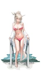 Rule 34 | 1girl, absurdly long hair, arknights, arm support, bikini, blonde hair, blush, breasts, closed mouth, commentary, commission, english text, full body, hair between eyes, highleg, highleg bikini, highres, holding, horns, large breasts, legs, long hair, looking at viewer, off shoulder, pink bikini, ponytail, red eyes, shining (arknights), shirt, shizuko hideyoshi, simple background, solo, stomach, swimsuit, thighs, very long hair, water, white background, white shirt