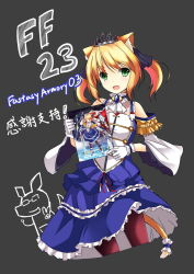 Rule 34 | 1girl, :d, animal ears, artist self-insert, black pantyhose, blonde hair, cat ears, cat tail, chinese text, crown, detached sleeves, dress, fatkewell, glasses, gloves, kangaroo, open mouth, pantyhose, self-portrait, short twintails, smile, tail, traditional chinese text, twintails, v, victoria c. pendra, white gloves