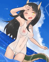Rule 34 | 1girl, absurdres, black hair, blush, bookmarkahead, breasts, cameltoe, cleft of venus, collarbone, covered navel, dragon girl, dragon horns, dragon tail, highres, horns, long hair, medium breasts, nipples, one-piece swimsuit, one eye closed, outdoors, school swimsuit, see-through, sky, solo, strike witches, swimsuit, tail, utaunomiya tatsuko, white one-piece swimsuit, world witches series, yellow eyes