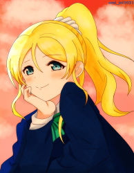 Rule 34 | 1girl, artist request, ayase eli, blonde hair, blue eyes, blue nails, blush, bow, bowtie, buttons, collared shirt, earrings, female focus, hair bow, highres, jewelry, loafers, long hair, looking at viewer, love live!, love live! school idol project, nail polish, nails, neckwear request, otonokizaka school uniform, ponytail, school uniform, scrunchie, shirt, shoes, short hair, short sleeves, smile, solo, striped, striped bow, sweater vest, umi jol1021, vest, white scrunchie