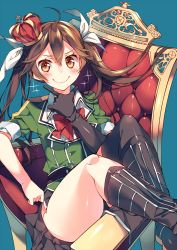 Rule 34 | &gt;:), 10s, 1girl, black gloves, black thighhighs, blush, boots, brown eyes, brown hair, crown, elbow gloves, gloves, hair between eyes, hair ribbon, hand on own chin, kantai collection, kureaki (exit), long hair, pelvic curtain, ribbon, side slit, single glove, single thighhigh, sitting, skirt, smile, solo, sparkle, thighhighs, thighs, throne, tone (kancolle), tone kai ni (kancolle), twintails, v-shaped eyebrows