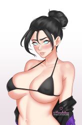 Rule 34 | 1girl, absurdres, apex legends, artist name, bikini, black bikini, black jacket, blue eyes, blush, covered erect nipples, earrings, hair behind ear, hair bun, heart, highres, jacket, jewelry, looking at viewer, ms melodine, navel, off shoulder, parted lips, ponytail, single hair bun, smile, solid eyes, solo, swimsuit, upper body, watermark, web address, white background, wraith (apex legends)