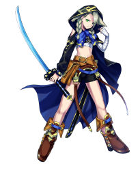 Rule 34 | 1girl, bad id, bad pixiv id, bandaged arm, bandages, belt, black shorts, blue bow, blue cape, bow, braid, brown footwear, cape, full body, green eyes, grey hair, hair over one eye, holding, holding sword, holding weapon, hood, long sleeves, looking at viewer, midriff, neko miya, original, pouch, sheath, shorts, solo, standing, sword, weapon