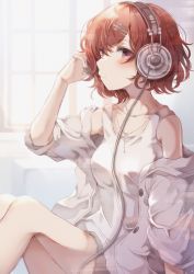Rule 34 | 1girl, brown hair, commentary request, film grain, hair ornament, hairclip, headphones, highres, higuchi madoka, idolmaster, idolmaster shiny colors, jacket, jewelry, knees up, looking at viewer, mole, mole under eye, namamake, necklace, off shoulder, purple eyes, short hair, solo, swept bangs, tank top, thighs, white jacket, white tank top