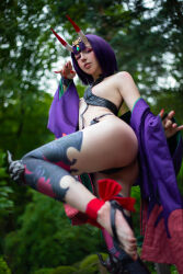 Rule 34 | 1girl, ass, barefoot, blurry, blurry background, cosplay, fate/grand order, fate (series), female focus, fraurin, highres, horns, japanese clothes, kimono, looking at viewer, medium hair, oni, outdoors, photo (medium), purple eyes, purple hair, red nails, shuten douji (fate), skin-covered horns, solo, toes