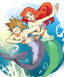 Rule 34 | 1boy, 1girl, ariel (disney), asymmetrical bangs, bare arms, blue eyes, breasts, brown hair, bubble, cleavage, fins, fish tail, green eyes, hair between eyes, highres, kingdom hearts, lipstick, locked arms, long hair, makeup, medium breasts, mermaid, midriff, monster girl, navel, open mouth, outstretched arm, red hair, shark tail, shell, shell bikini, smile, sora (kingdom hearts), spiked hair, tail, talesofmea, topless male, underwater
