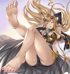 Rule 34 | 1girl, aldehyde, animal ears, arm up, armpits, ass, barefoot, black panties, blush, breasts, cleavage, detached sleeves, erune, feet, gradient background, granblue fantasy, hair ornament, highres, legs, leotard, licking lips, light brown hair, long hair, looking at viewer, medium breasts, metera (granblue fantasy), nail polish, open mouth, panties, purple background, purple eyes, smile, soles, solo, toenail polish, toenails, toes, tongue, tongue out, underwear