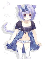 Rule 34 | 1girl, :&lt;, animal ears, bell, black bow, blue bow, blue dress, blue eyes, blue flower, blue panties, blue rose, blunt bangs, blush, bob cut, bow, breasts, cat ears, cat tail, cleavage, closed mouth, collarbone, commentary request, dot nose, dress, dress bow, expressionless, eyes visible through hair, flower, frilled panties, frilled sleeves, frills, gem, gluteal fold, groin, hairband, highres, jewelry, jingle bell, kinokomushi, lace, lace-trimmed bow, lace-trimmed legwear, lace trim, leaning forward, light purple hair, looking at viewer, lowleg, lowleg panties, midriff, motion lines, navel, necklace, panties, pearl (gemstone), puffy short sleeves, puffy sleeves, raised eyebrows, ribbon, rose, short hair, short sleeves, silhouette, simple background, skirt hold, small breasts, solo, standing, stomach, tail, tail bell, tail ornament, tail ribbon, thigh gap, thighhighs, translation request, triangle, underwear, white background, white thighhighs, yellow ribbon