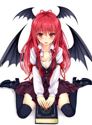 Rule 34 | 1girl, absurdres, bad id, bad pixiv id, bat wings, black thighhighs, blush, book, breasts, cleavage, dress shirt, female focus, full body, head wings, high heels, highres, kitou kaitai, koakuma, large breasts, long hair, long sleeves, looking at viewer, mary janes, nail polish, necktie, open mouth, red eyes, red hair, red nails, red necktie, shirt, shoes, simple background, sitting, skirt, solo, thighhighs, touhou, tsurime, undone necktie, vest, wariza, white background, wings, zettai ryouiki