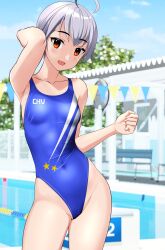Rule 34 | 1girl, absurdres, ahoge, blue one-piece swimsuit, blue sky, breasts, clothes writing, cloud, commentary request, competition swimsuit, contrapposto, covered navel, day, grey hair, highleg, highleg swimsuit, highres, lane line, one-piece swimsuit, original, outdoors, pool, pool ladder, poolside, red eyes, short hair, sky, small breasts, smile, solo, string of flags, swimsuit, takafumi, tomboy, variant set
