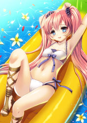 Rule 34 | 1girl, ankle lace-up, armpits, arms up, banana boat, bikini, blue eyes, cross-laced footwear, artistic error, kumao mofumofu, long hair, looking at viewer, lying, navel, original, parted lips, red hair, revision, sandals, shiny skin, shoes, smile, swimsuit, toeless footwear, twintails
