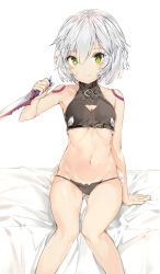 Rule 34 | 1girl, bare arms, bare shoulders, black panties, cleavage cutout, clothing cutout, crop top, dagger, fate/apocrypha, fate (series), green eyes, hair between eyes, highres, holding, holding weapon, jack the ripper (fate/apocrypha), knife, looking at viewer, navel, panties, scar, short hair, shoulder tattoo, silver (chenwen), silver hair, simple background, sitting, solo, stomach, tattoo, underwear, weapon, white background