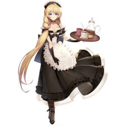Rule 34 | 1girl, apron, aqua eyes, artist request, back ribbon, bare shoulders, black choker, black dress, black footwear, black gloves, black ribbon, black sleeves, black straps, blonde hair, braid, braided ponytail, breasts, buttons, choker, cleavage, closed mouth, coffee, collarbone, cup, detached sleeves, dress, final gear, frilled apron, frills, full body, gathers, gloves, hair tie, helena (final gear), highres, holding, holding tray, horizontal-striped dress, long hair, low-tied long hair, maid, maid headdress, mug, official art, pantyhose, parted lips, partially fingerless gloves, pitcher (container), ribbon, see-through, see-through dress, shoe strap, simple background, sleeve cuffs, smile, solo, standing, tachi-e, third-party source, transparent background, tray, very long hair, white apron, white sleeve cuffs