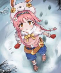 Rule 34 | animal hat, animal hood, belt, blush, braid, button eyes, buttons, commentary, dargo, flower, footprints, gloves, grass, hair flower, hair ornament, hat, headband, heavy breathing, hood, long hair, looking at viewer, mimi (princess connect!), mittens, pink hair, princess connect!, rabbit hair ornament, rabbit hat, red mittens, ribbon, shoes, snow, solo, twin braids, walking, yellow eyes