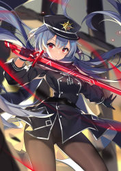 Rule 34 | 1girl, belt, black scarf, blue hair, blush, breasts, collared dress, dress, duel monster, gloves, glowing, glowing sword, glowing weapon, hat, highres, kikistark, long hair, long sleeves, low twintails, pantyhose, peaked cap, red eyes, scarf, sky striker ace - roze, solo, sword, thighhighs, twintails, two-tone dress, very long hair, weapon, yu-gi-oh!