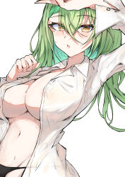 Rule 34 | 1girl, black panties, breasts, ceres fauna, collared shirt, green hair, highres, hololive, hololive english, large breasts, long hair, looking at viewer, mole, mole under eye, navel, open clothes, open mouth, open shirt, panties, sak1 01, shirt, simple background, solo, stomach, sweat, underwear, virtual youtuber, white background, white shirt, yellow eyes