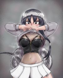 Rule 34 | 1girl, arms up, black eyes, black hair, black mamba (kemono friends), breasts, clothes lift, collarbone, highres, hood, hood up, hoodie, hoodie lift, kemono friends, lifting own clothes, long hair, long sleeves, medium breasts, navel, open mouth, pleated skirt, saja (166j357), see-through, side ponytail, skirt, snake tail, solo, stomach, sweat, tail, tearing up, very long hair, white skirt