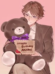 Rule 34 | 1boy, brown coat, brown pants, coat, collared shirt, commentary, ensemble stars!, feet out of frame, glasses, gradient background, happy birthday, highres, holding, holding stuffed toy, kunugi akiomi, long sleeves, looking at object, male focus, open clothes, open coat, pants, pink background, purple eyes, purple ribbon, ribbon, shirt, shu tmx, simple background, sitting, smile, solo, stuffed animal, stuffed toy, swept bangs, teddy bear, white shirt