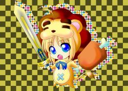 Rule 34 | 1girl, ahoge, aka kitsune, animal costume, artoria pendragon (all), artoria pendragon (fate), bad id, bad pixiv id, blonde hair, blue eyes, boned meat, checkered background, dual wielding, excalibur (fate/stay night), fang, fate/stay night, fate/tiger colosseum, fate (series), food, holding, lion costume, meat, ribbon, saber lion, solo, sword, tail, weapon