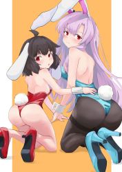 Rule 34 | ahoge, animal ears, ass, back, black hair, blue leotard, blush, breasts, floppy ears, high heels, highres, inaba tewi, leotard, light purple hair, long hair, looking back, looking to the side, open mouth, oversized breast cup, pantyhose, playboy bunny, purple hair, rabbit ears, rabbit girl, rabbit tail, red eyes, red leotard, reisen udongein inaba, short hair, sideboob, smile, strapless, strapless leotard, tail, touhou, very long hair, wavy hair, wrist cuffs, yuuka (a0240765)