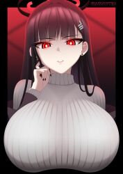 Rule 34 | 1girl, arm strap, artist name, black hair, black nails, blue archive, blunt bangs, breasts, choker, cleavage, earrings, frawztfyre, hair ornament, hairclip, halo, highres, hime cut, jewelry, large breasts, long hair, parted lips, red eyes, ribbed sweater, rio (blue archive), solo, sweater, turtleneck, turtleneck sweater, variant set