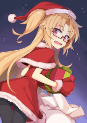 Rule 34 | 1girl, akatsuki uni, black pantyhose, blonde hair, blush, box, capelet, commentary request, dress, fangs, flying sweatdrops, fur-trimmed capelet, fur-trimmed dress, fur-trimmed headwear, fur-trimmed mittens, fur trim, gift, gift box, glasses, hat, highres, holding, holding gift, long hair, looking at viewer, looking back, mittens, ogami kazuki, open mouth, panties, panties under pantyhose, pantyhose, parted bangs, red-framed eyewear, red capelet, red dress, red eyes, red hat, red mittens, sack, santa costume, santa dress, santa hat, semi-rimless eyewear, solo, two side up, under-rim eyewear, underwear, uni create, very long hair, virtual youtuber