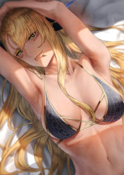 Rule 34 | 1girl, :p, armpits, bed sheet, bikini, black bikini, blonde hair, breasts, collarbone, commentary request, dark-skinned female, dark skin, facial mark, fang, fate/grand order, fate (series), green eyes, long hair, looking at viewer, lying, medium breasts, mugetsu2501, navel, on back, solo, swimsuit, tongue, tongue out, upper body, vritra (fate), vritra (ocean flyer) (fate)