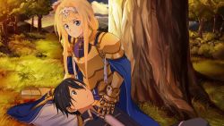 Rule 34 | 1boy, 1girl, against tree, alice zuberg, armor, armored dress, bad id, bad yandere id, black hair, black jacket, blonde hair, blue cape, blue eyes, breastplate, cape, closed mouth, couple, day, dress, frown, game cg, gauntlets, gold armor, hair between eyes, hair intakes, hairband, hetero, highres, jacket, kirito, lap pillow, long dress, long hair, outdoors, short hair, sword art online, sword art online: alicization lycoris, sword art online: lycoris, tree, very long hair, white hairband