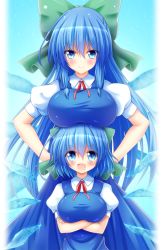 Rule 34 | 2girls, aged up, alternate breast size, alternate hair length, alternate hairstyle, blue dress, blue eyes, blue hair, bow, breast rest, breasts, breasts on head, cirno, commentary request, crossed arms, dress, fairy wings, hair between eyes, hair bow, hand on own hip, hands on own hips, highres, ice, ice wings, large breasts, long hair, looking at viewer, multiple girls, open mouth, osashin (osada), ribbon, short hair, smile, touhou, v-shaped eyebrows, very long hair, wings