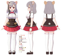 Rule 34 | 1girl, :d, absurdres, animal ears, black footwear, black hair, blush, bow, bowtie, braid, breasts, buttons, character sheet, closed mouth, color guide, extra ears, fang, flat color, frilled skirt, frills, from behind, from side, full body, grey hair, hair ornament, hamster ears, hamster tail, highres, indie virtual youtuber, kirara mimi, lace, lace-trimmed legwear, lace trim, lilium443, looking at viewer, medium hair, multicolored hair, multiple views, open mouth, red eyes, red neckwear, red skirt, shirt, short sleeves, simple background, skirt, smile, standing, streaked hair, thighhighs, virtual youtuber, white background, white shirt, white thighhighs