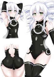 Rule 34 | 1girl, armpits, arms behind head, ass, bare shoulders, black sister, blush, cameltoe, drill hair, elbow gloves, from behind, gloves, green eyes, highres, huge ass, leotard, long hair, looking at viewer, matrixjudge, multiple views, neptune (series), shiny clothes, shiny skin, solo, thighhighs, tsundere, twin drills, twintails, uni (neptunia)