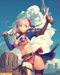 Rule 34 | 1girl, alternate costume, artist request, asymmetrical hair, belt, bikini, breasts, cleavage, cloud, cloudy sky, cowboy western, desert, elbow gloves, fate/grand order, fate (series), fingerless gloves, gloves, holding, holding sword, holding weapon, holster, katana, large breasts, miyamoto musashi (fate), obi, old west, ponytail, sash, scabbard, sheath, shrug (clothing), shrugging, single thighhigh, sky, solo, swimsuit, sword, thigh holster, thighhighs, weapon