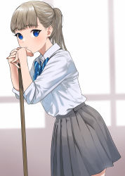 Rule 34 | 1girl, blonde hair, blue bow, blue bowtie, blue eyes, blurry, blurry background, blush, bow, bowtie, broom, closed mouth, collared shirt, doushimasho, expressionless, grey skirt, hands up, highres, indoors, leaning forward, long hair, long sleeves, looking at viewer, nail polish, original, pleated skirt, ponytail, school uniform, shirt, skirt, solo, standing, white shirt, window