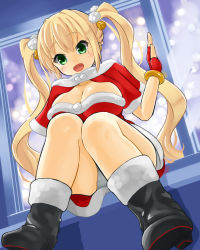Rule 34 | bell, black footwear, blonde hair, boots, breasts, capelet, christmas, cleavage, dress, fingerless gloves, gloves, green eyes, hair bell, hair between eyes, hair ornament, highres, indoors, large breasts, legs, legs together, long hair, open mouth, original, panties, pantyshot, pom pom (clothes), pom pom hair ornament, red dress, red gloves, santa costume, santa dress, sitting, smile, snow, twintails, uchiage cola, underwear, very long hair, wavy hair, window, wristband