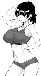 Rule 34 | 1girl, breasts, ebino mei, greyscale, hatsukoi zombie, large breasts, monochrome, navel, one eye closed, ponytail, simple background, solo, standing, stomach, tomohiro kai, towel, underwear, underwear only, white background