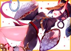 Rule 34 | 1girl, absurdres, arm support, ass, blunt bangs, braid, china dress, chinese clothes, dress, fate/grand order, fate (series), fingernails, hat, highres, horns, huge filesize, jiangshi, long fingernails, looking at viewer, lying, nail polish, on stomach, pointy ears, purple dress, purple eyes, purple hair, red nails, sharp fingernails, short eyebrows, shuten douji (fate), simple background, skin-covered horns, solo, suzuho hotaru, the pose, twin braids