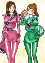 Rule 34 | 1other, 2girls, ahoge, amabie, armband, belt, bird, black hair, blush, blush stickers, bracelet, breasts, brown eyes, brown hair, chestnut mouth, dot nose, dress, face mask, feet out of frame, gloves, green dress, green gloves, green headwear, green pants, hayami sena, unworn headwear, helmet, unworn helmet, holding, holding helmet, iwa, jewelry, looking at another, looking to the side, mashin sentai kiramager, mask, unworn mask, mouth mask, multiple girls, ooharu sayo, open mouth, pants, pink dress, pink gloves, pink hair, pink headwear, pink pants, ponytail, sash, simple background, source request, standing, super sentai, surgical mask, watch, white mask, wristwatch, yellow background