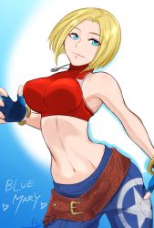 Rule 34 | 1girl, belt, blonde hair, blue eyes, blue mary, bracelet, breasts, fatal fury, fingerless gloves, gloves, highres, jewelry, large breasts, midriff, navel, necklace, snk, solo, the king of fighters