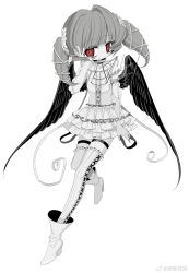 Rule 34 | 1girl, absurdres, black wings, boots, colored skin, commission, dress, feathered wings, frilled dress, frills, full body, grey hair, hand on own face, highres, meyou 0319, monochrome, original, red eyes, solo, thighhighs, twintails, white background, white dress, white footwear, white skin, white thighhighs, wings