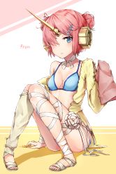Rule 34 | 1girl, absurdres, bandaged leg, bandages, bare shoulders, beige footwear, bikini, black cola, blue bikini, blue eyes, blush, breasts, character name, cleavage, collarbone, commentary, convenient leg, double bun, fate/grand order, fate (series), flower, frankenstein&#039;s monster (fate), frankenstein&#039;s monster (swimsuit saber) (fate), frankenstein&#039;s monster (swimsuit saber) (first ascension) (fate), full body, hair bun, hair ornament, hair over one eye, highres, horns, jacket, knees together feet apart, long sleeves, looking at viewer, medium breasts, pink hair, sandals, short hair, side bun, single horn, sitting, sleeves past fingers, sleeves past wrists, solo, swimsuit, white flower, yellow jacket