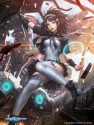 Rule 34 | 1girl, ankle boots, ayaka (chaos drive), black hair, blue eyes, boots, breasts, chaos drive, hair ornament, hairband, hairclip, kilart, lips, loose necktie, md5 mismatch, necktie, nose, official art, pleated skirt, resolution mismatch, science fiction, short hair, skirt, solo, source larger, thighhighs, vambraces, white thighhighs
