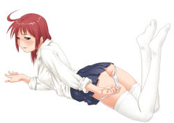 Rule 34 | 1girl, ahoge, ass, blush, feet, legs, looking at viewer, looking back, lying, makochin, miniskirt, naughty face, no shoes, panties, panty pull, pleated skirt, red hair, shirt, simple background, skirt, solo, thighhighs, underwear, white background, white panties, zettai ryouiki