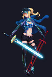 Rule 34 | 1girl, absurdres, ahoge, artoria pendragon (fate), black background, black hat, black shorts, black thighhighs, blonde hair, blue eyes, blue jacket, breasts, cleavage, cleavage cutout, clothing cutout, dual wielding, excalibur (fate/stay night), excalibur morgan (fate), fate/grand order, fate (series), floating hair, full body, hair between eyes, hat, high heels, highres, holding, holding sword, holding weapon, jacket, long hair, looking at viewer, midriff, mysterious heroine x (fate), mysterious heroine x (third ascension) (fate), navel, open clothes, open fly, open shorts, peaked cap, ponytail, short shorts, shorts, simple background, small breasts, smile, solo, standing, stomach, sword, thighhighs, unworn jacket, weapon, zhao shixuan