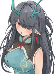 Rule 34 | 1girl, arknights, bare shoulders, black hair, breasts, china dress, chinese clothes, dragon girl, dragon horns, dress, dusk (arknights), dusk (everything is a miracle) (arknights), earrings, enunomiya, eyes visible through hair, green dress, hair over one eye, highres, horns, jewelry, long hair, medium breasts, official alternate costume, pointy ears, red eyes, simple background, sleeveless, sleeveless dress, solo, tassel, tassel earrings, very long hair, white background
